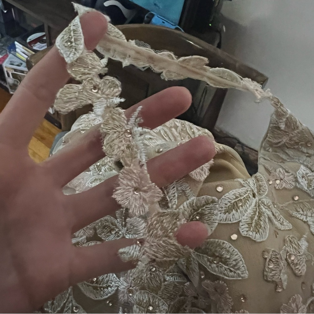 Mac Duggal Cream Floral Lace 12 Beige Embroidered Tulle Trumpet Gown Nude - Picture 11 of 13